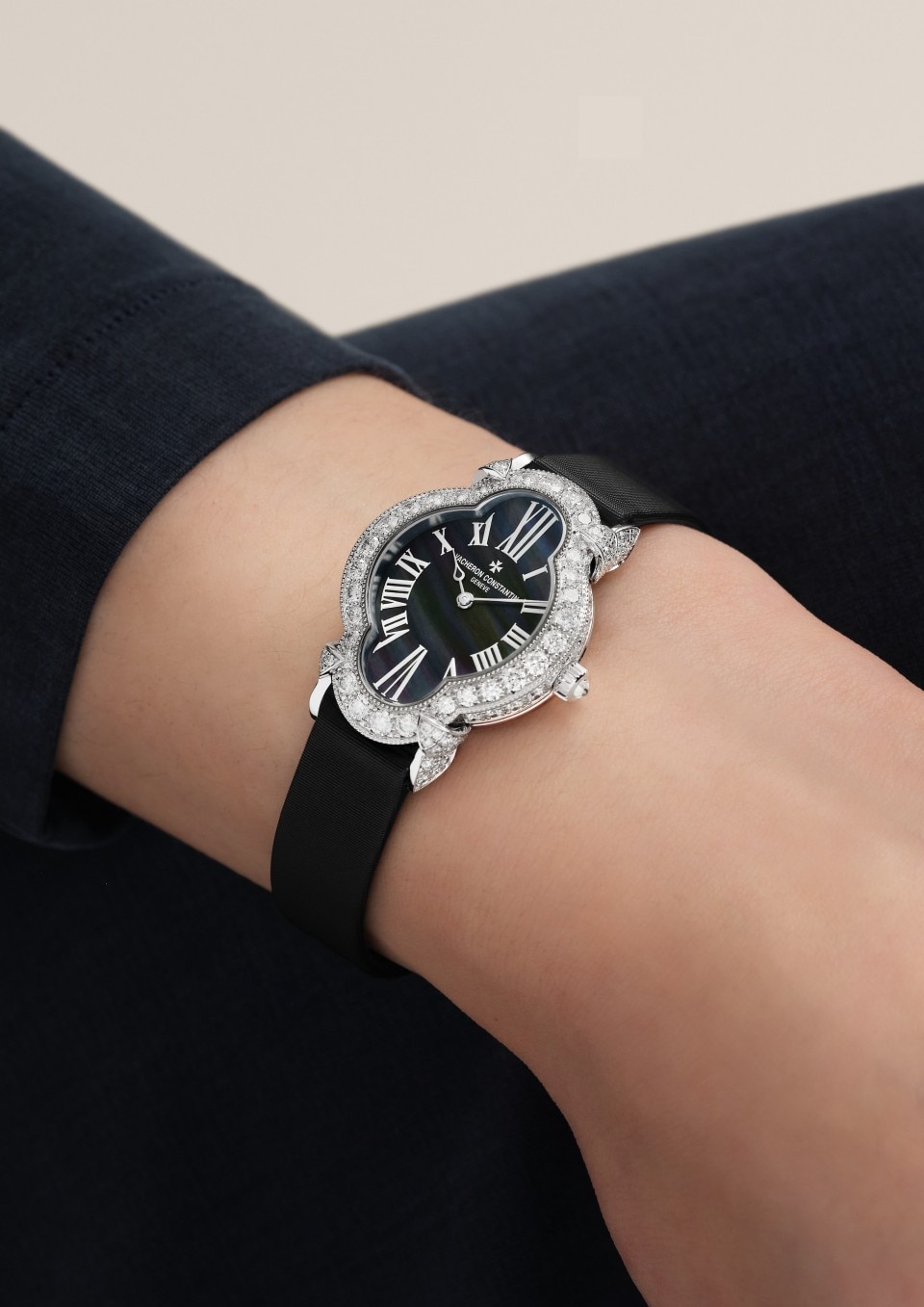 - Lifestyle product photo - Watch - Heures Créatives Heure Romantique - 36.2 x 26.5 mm White Gold with Satin, Alligator leather straps