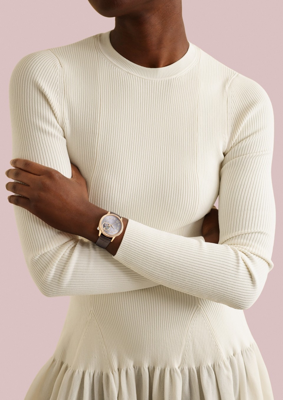 - Lifestyle product photo - Watch - Égérie moon phase - 37 mm Pink Gold with Alligator leather, Lambskin leather, Satin straps