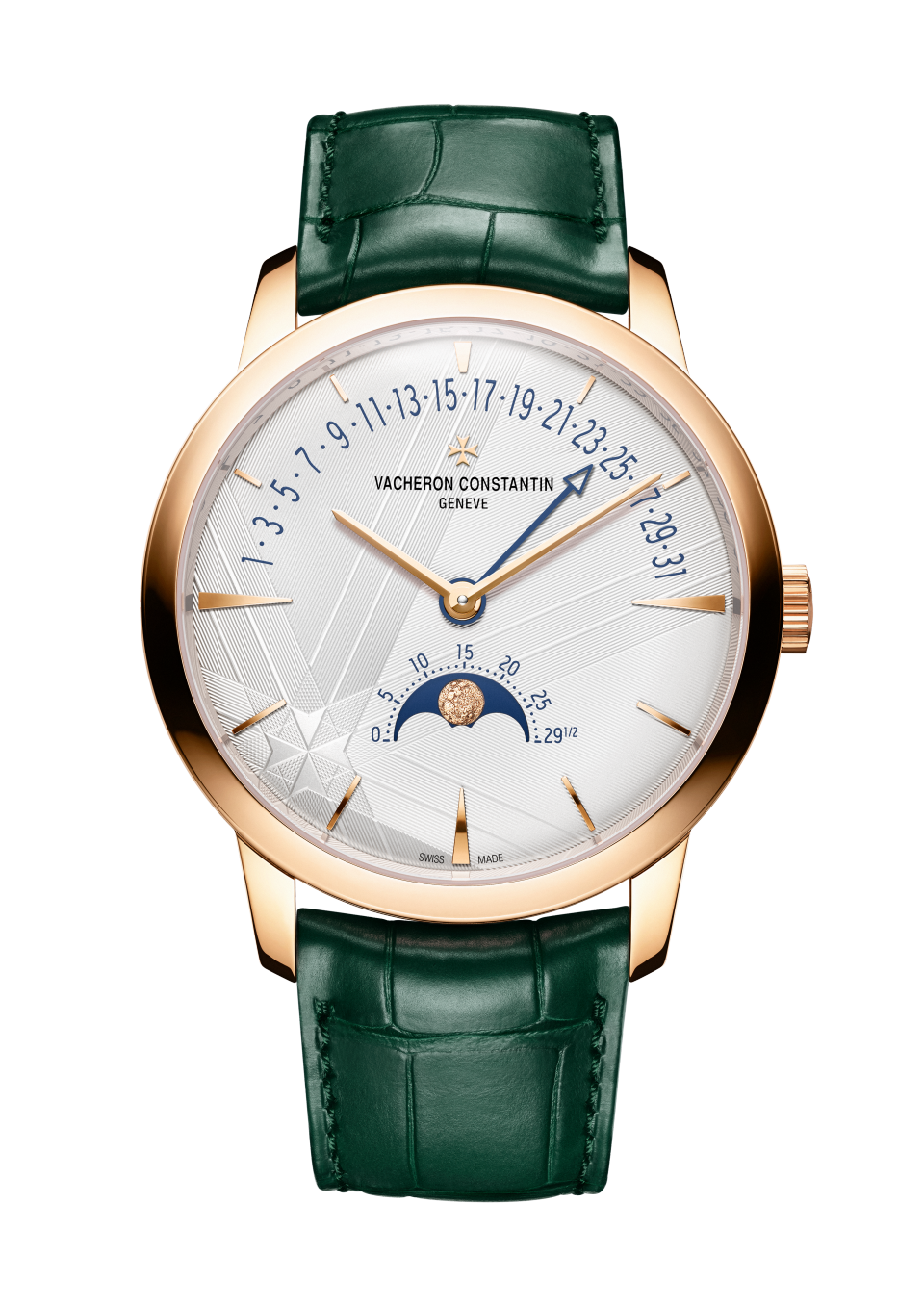 Front view - Packshot - Watch - Patrimony moon phase retrograde date - 42.5 mm Pink Gold with Alligator leather strap