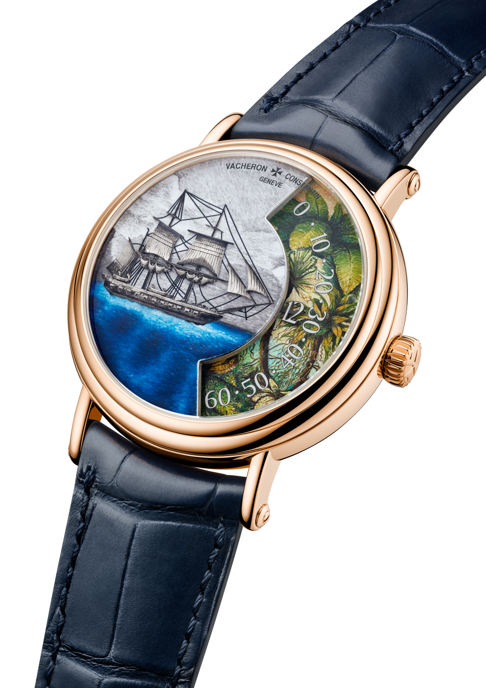3/4 view - Packshot - Watch - Métiers d'Art Tribute to Explorer Naturalists - Detroit de Magellan - 41 mm Pink Gold with Alligator leather strap