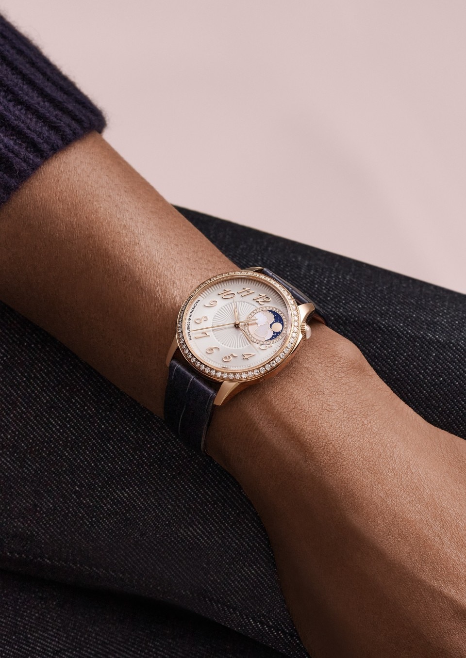 - Lifestyle product photo - Watch - Égérie moon phase - 37 mm Pink Gold with Alligator leather strap