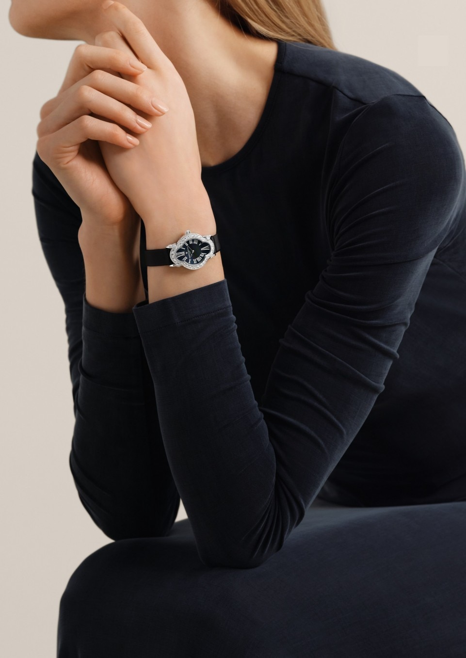 - Lifestyle product photo - Watch - Heures Créatives Heure Romantique - 36.2 x 26.5 mm White Gold with Satin, Alligator leather straps