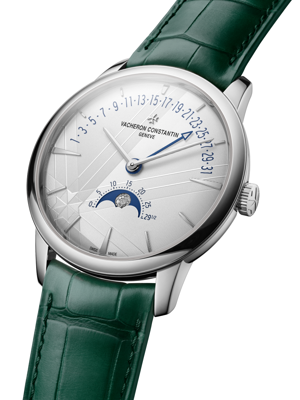 3/4视图 - 产品图片 - 腕表 - Patrimony传承系列月相逆跳日历腕表 - 42.5毫米 白金 隽永 鳄鱼皮 表带