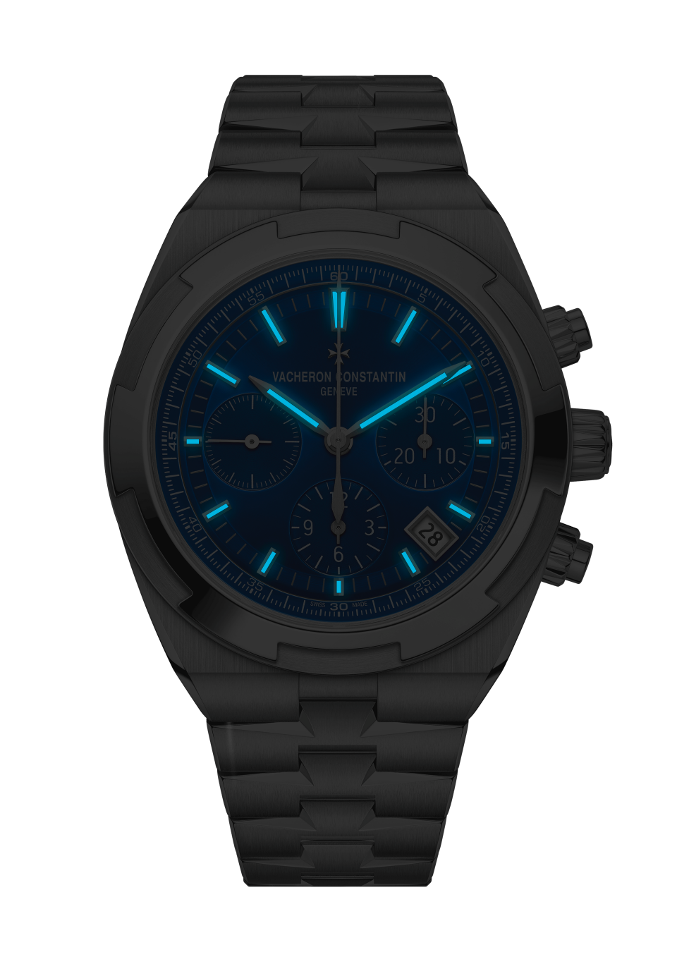 夜间视图 - 品牌形象 - 腕表 - Overseas纵横四海系列计时 - 42.5毫米 精钢 隽永 粒面小牛皮, 精钢, 橡胶 表带