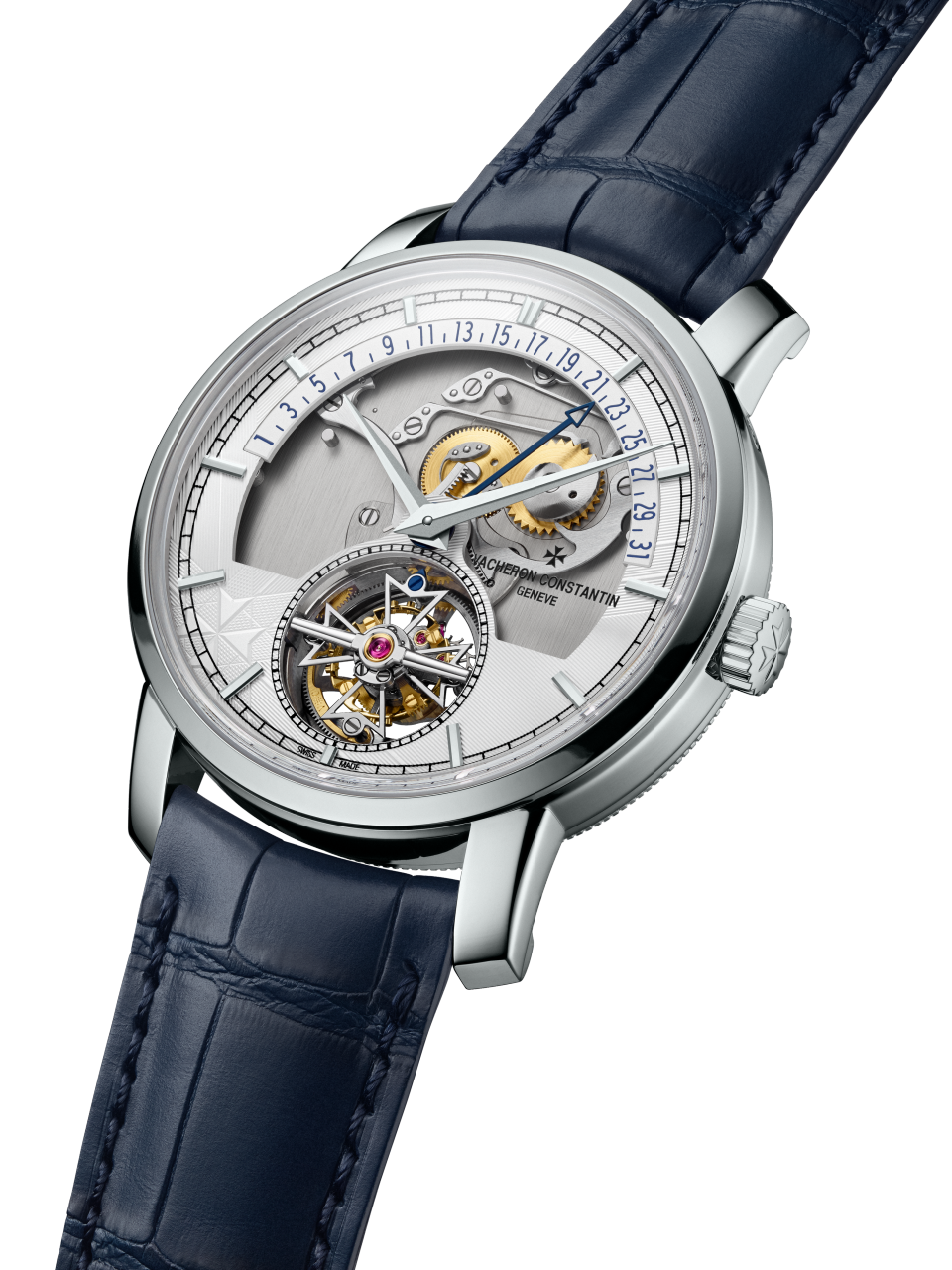 3/4视图 - 产品图片 - 腕表 - Traditionnelle传袭系列陀飞轮逆跳日历镂雕腕表 - 41毫米 铂金 隽永 鳄鱼皮 表带