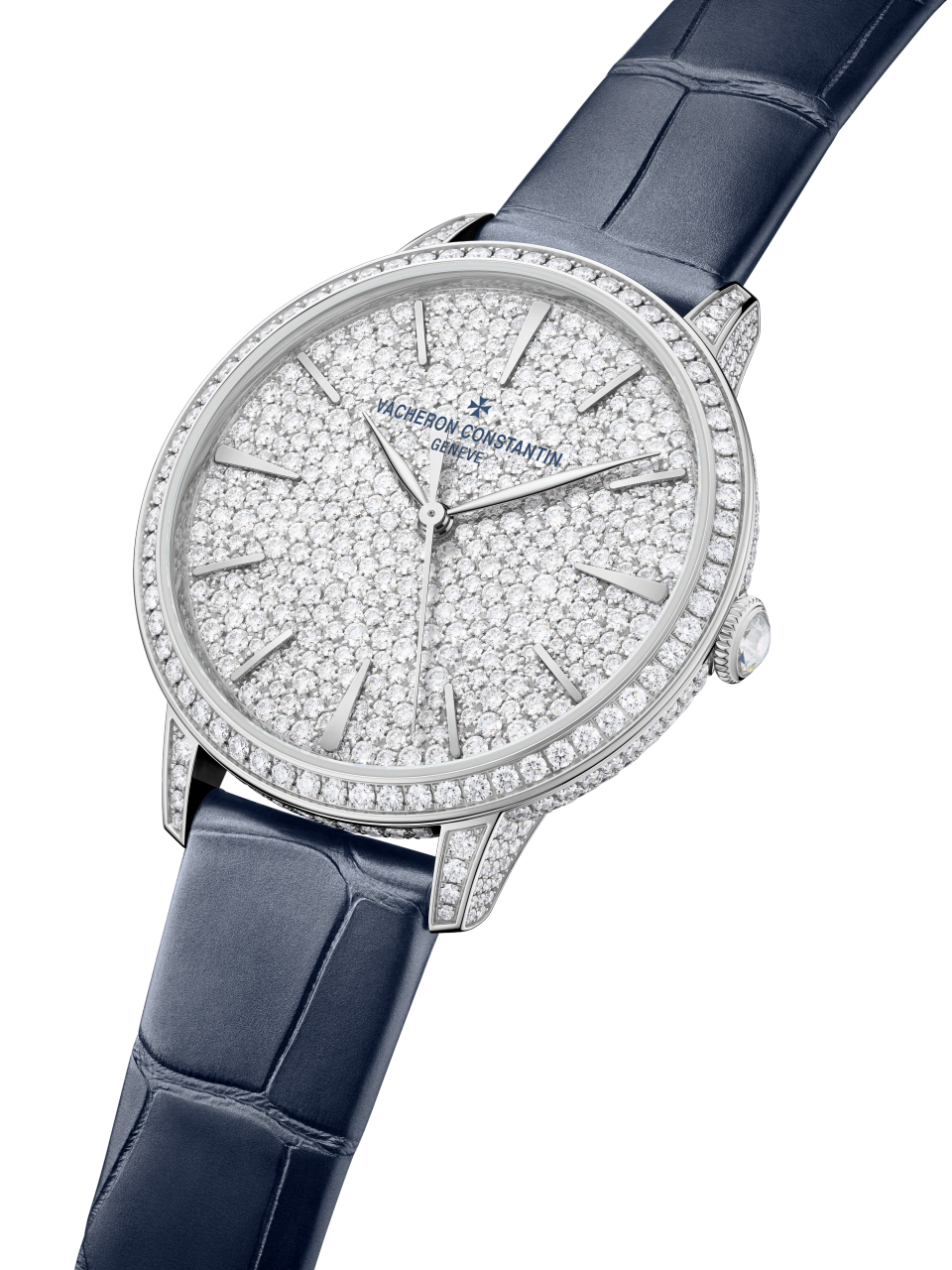 3/4 view - Packshot - Watch - Patrimony self-winding jewellery - 37 mm White Gold with Alligator leather strap