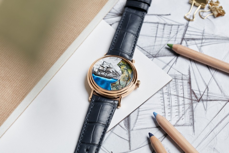 Other view - Lifestyle product photo - Watch - Métiers d'Art Tribute to Explorer Naturalists - Detroit de Magellan - 41 mm Pink Gold with Alligator leather strap