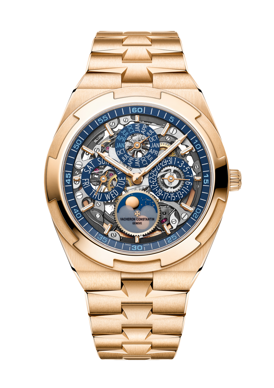 Front view - Packshot - Watch - Overseas perpetual calendar ultra-thin skeleton - 41.5 mm Pink Gold with Grained calfskin leather, Rubber straps