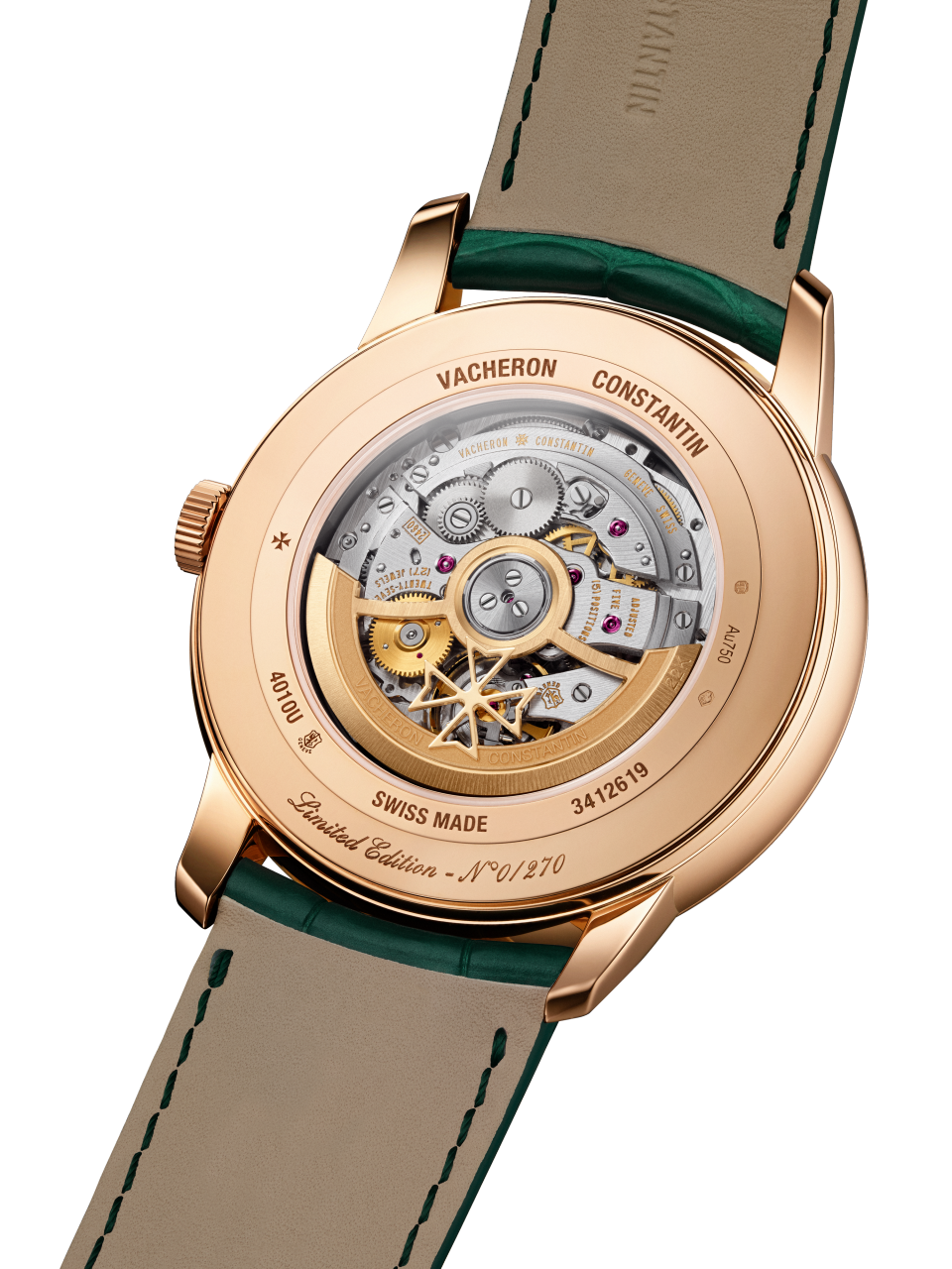 3/4 view - Image - Watch - Patrimony moon phase retrograde date - 42.5 mm Pink Gold with Alligator leather strap