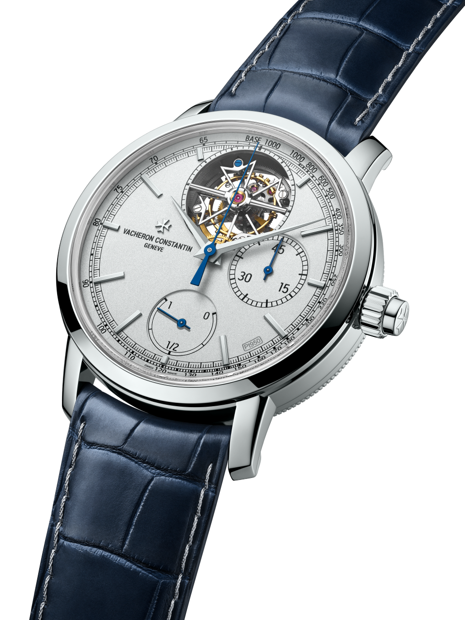 3/4 view - Packshot - Watch - Traditionnelle tourbillon chronograph Collection Excellence Platine - 42.5 mm Platinum with Alligator leather strap