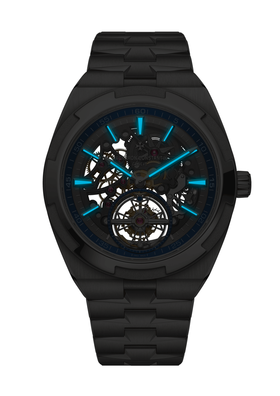 Night view - Image - Watch - Overseas tourbillon skeleton - 42.5 mm Titanium with Titanium, Rubber, Grained calfskin leather straps