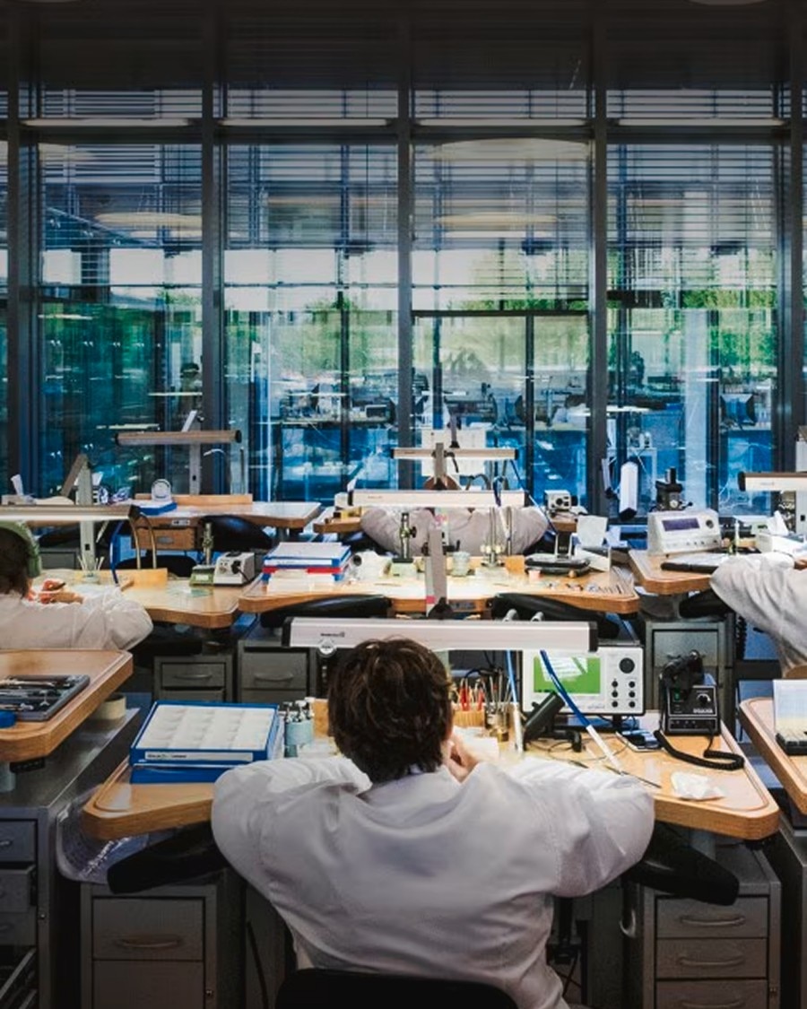集体精神 Wide view of a watchmaking workshop with artisans working at desks in a modern, glass-walled space.