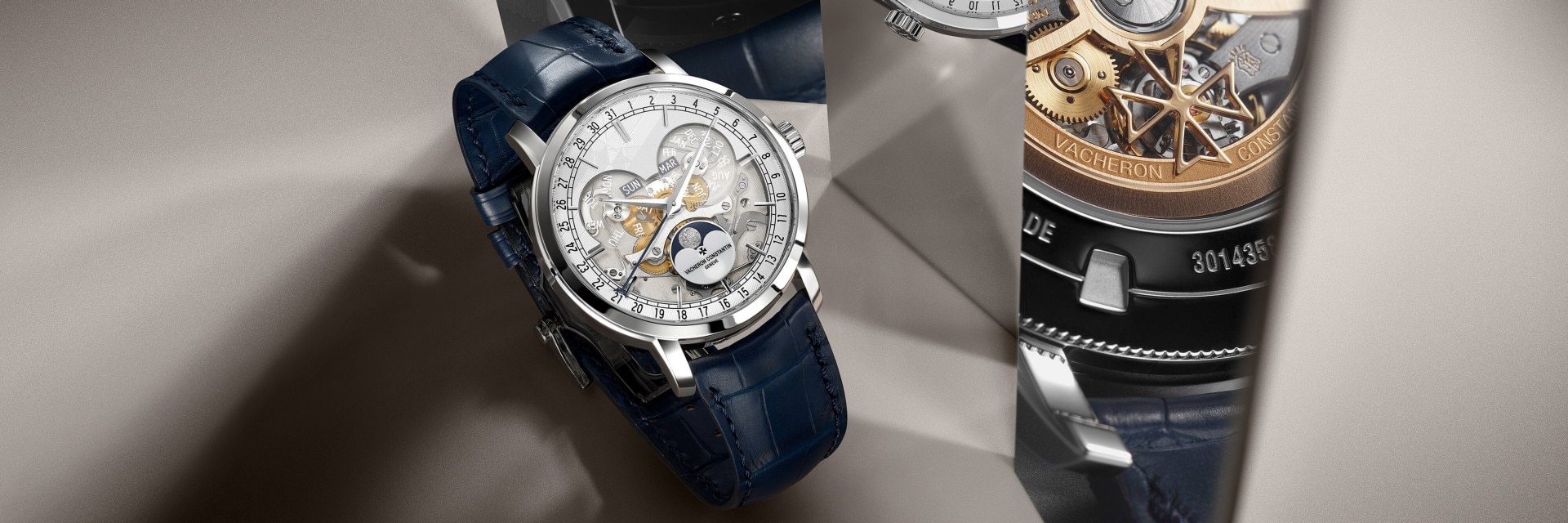 Luxury Vacheron Constantin watch with an openworked dial, moon phase display, and blue leather strap, shown next to a close-up of its intricate mechanical details.