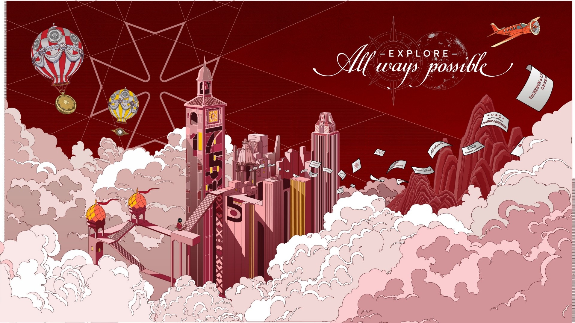 Surreal red city above clouds with a clock tower, bridges, and decorative hot air balloons in a geometric sky