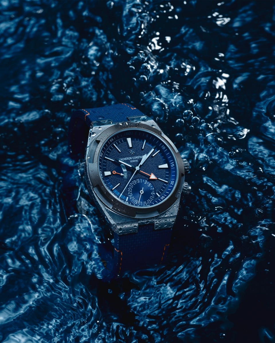Blue Overseas Dual Time Cardinal Points watch on a watery background