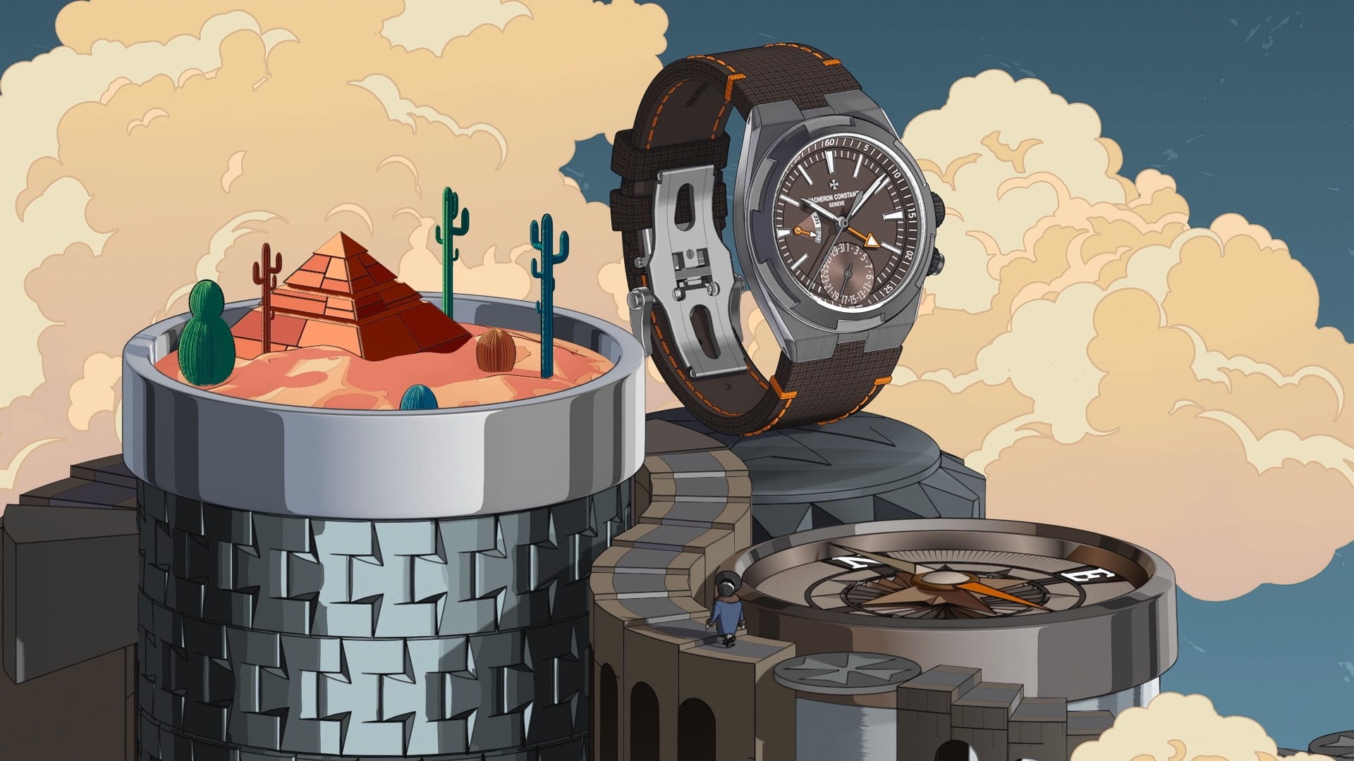Wristwatch on pedestal with desert and pyramid nearby.