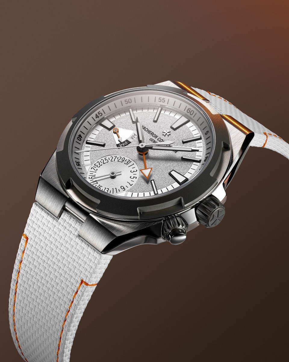 Vacheron Constantin Overseas dual time Cardinal Points watch dial with hands and hour markers.