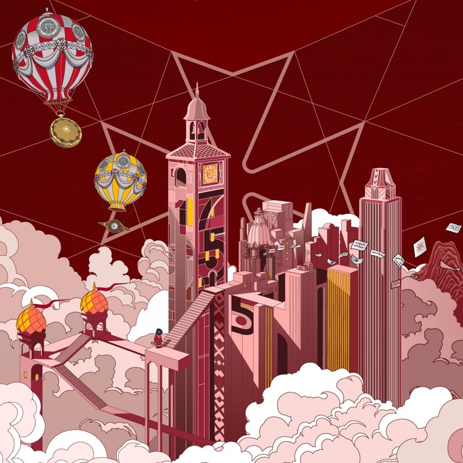Surreal red city above clouds with a clock tower, bridges, and decorative hot air balloons in a geometric sky