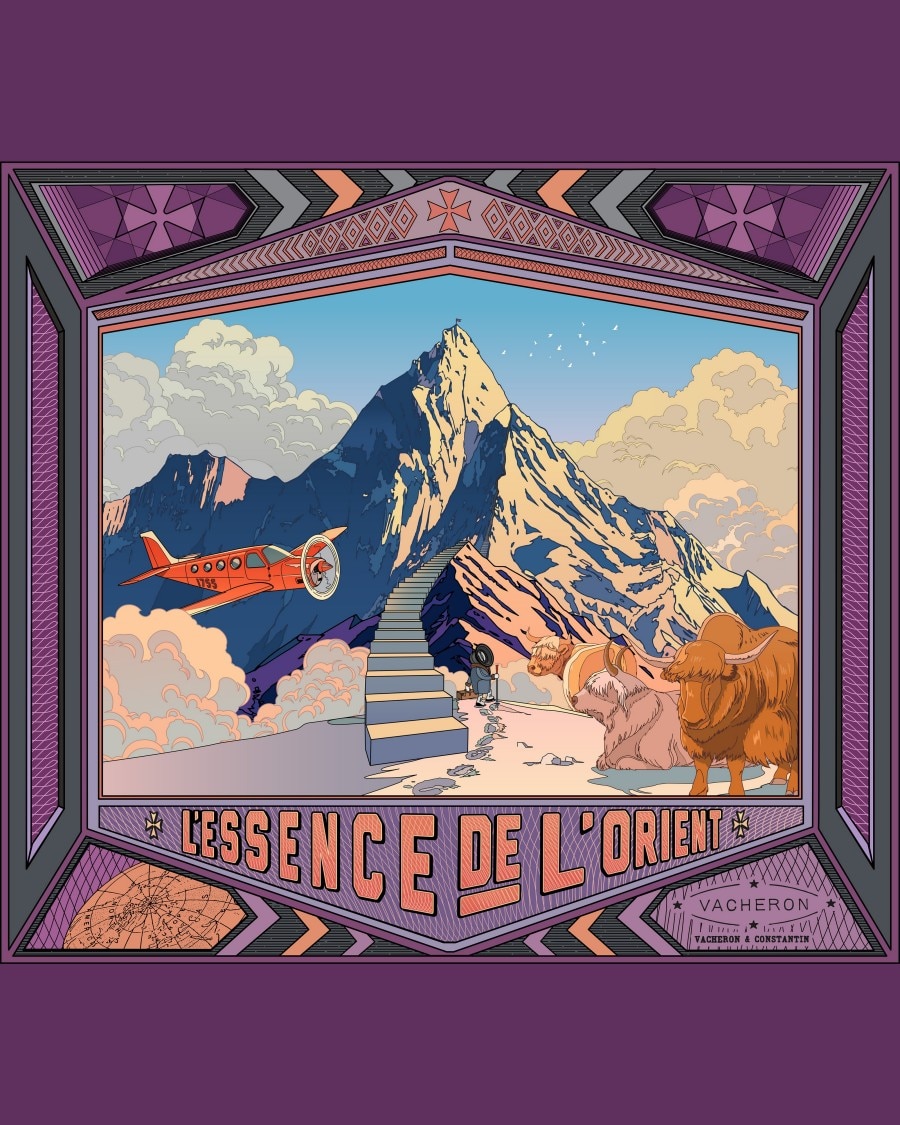 江杉设计的雪山插图，山间有一架红色小飞机在空中飞翔，山峦间牛群遍布