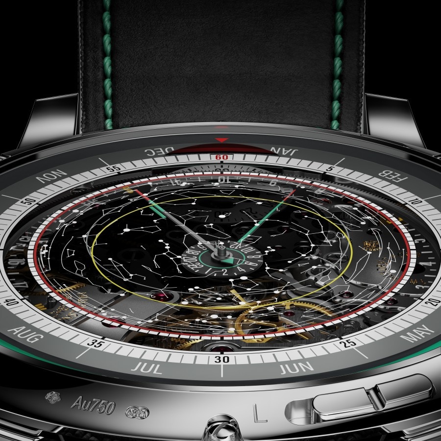 Close-up of a curved metallic watch component of the Solaria watch.