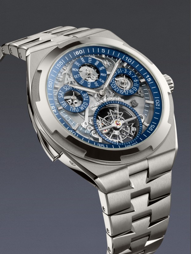 3/4 view of the Overseas Grand Complication Openface watch with a grey background