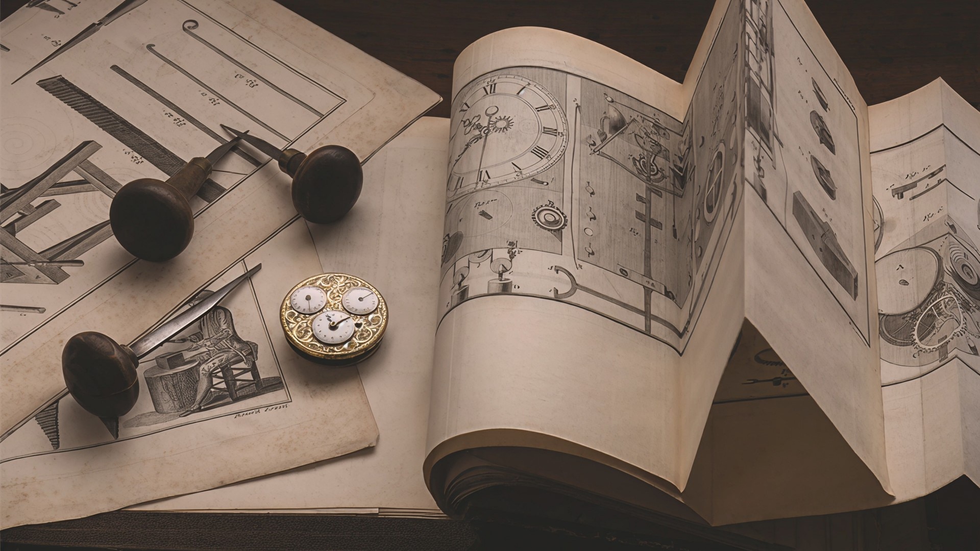 Old blueprints and watchmaking tools lay on a desk.