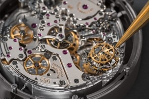 Macro view of a luxury watch dial with exposed components of the Solaria.