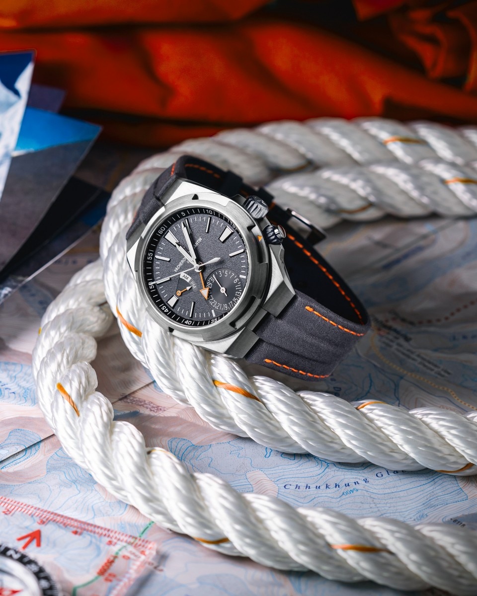 Vacheron Constantin watch with a black strap placed on thick white nautical rope.