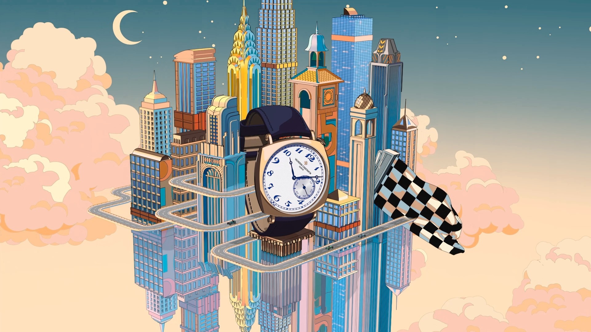 Illustration of American 21 on a pillar among buildings and stars.