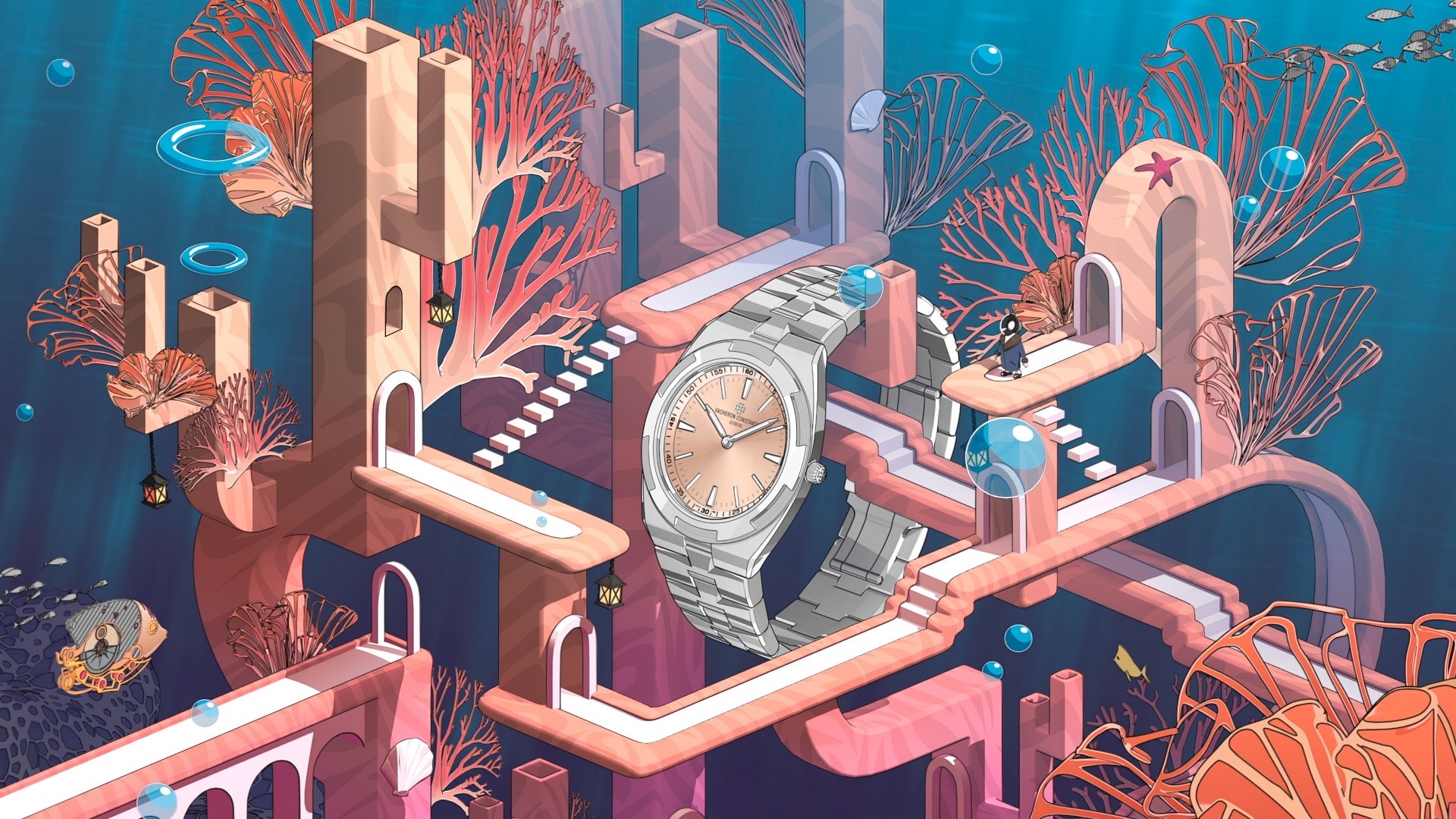 An illustrated image showing a Vacheron Constantin watch in water.
