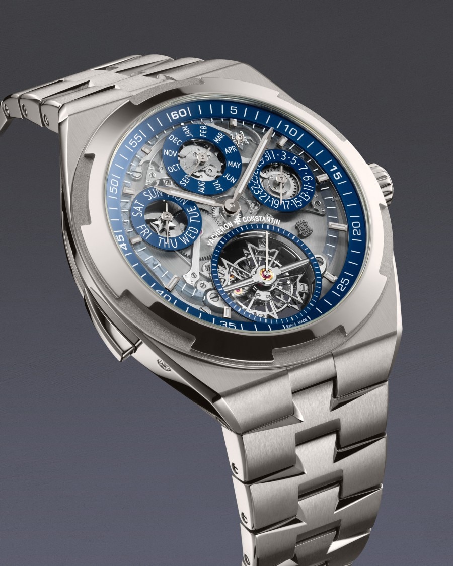 Vacheron Constantin Overseas Grand Complication Openface watch with blue skeleton dial.