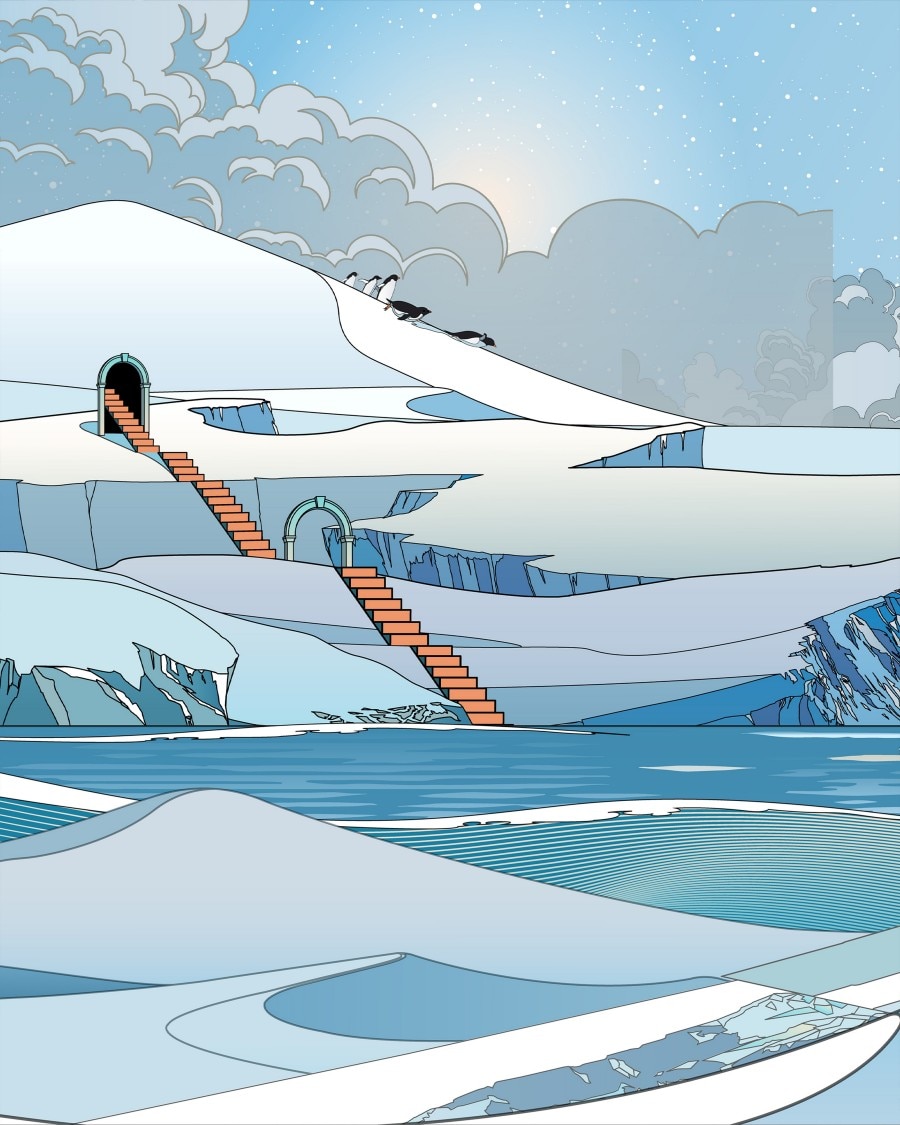 白色浮冰，橙色楼梯，阳光明媚的天空