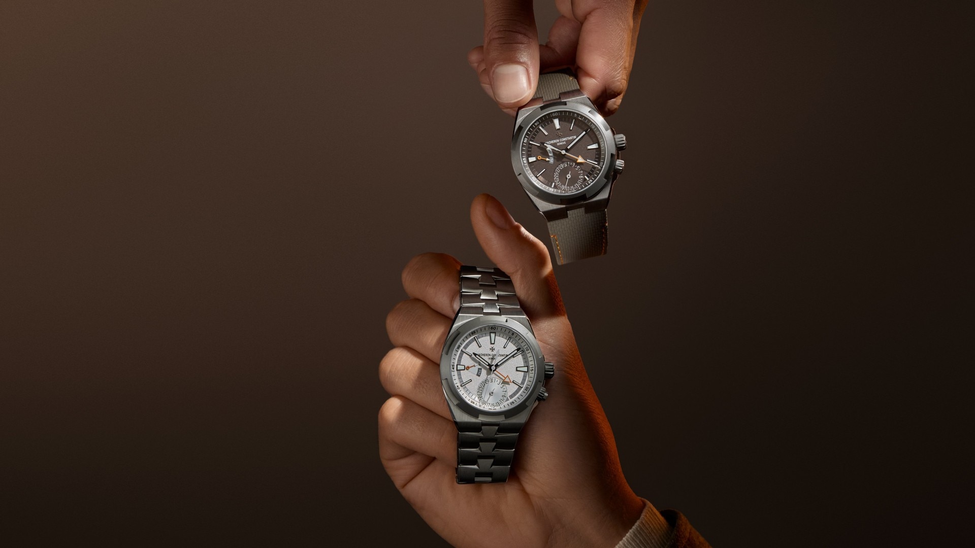 Overseas dual time cardinal points with a brown strap, a stainless steel bezel, and a brown case.