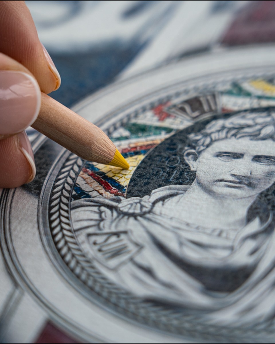 Close-up of a hand painting a Roman figure on a watch dial.