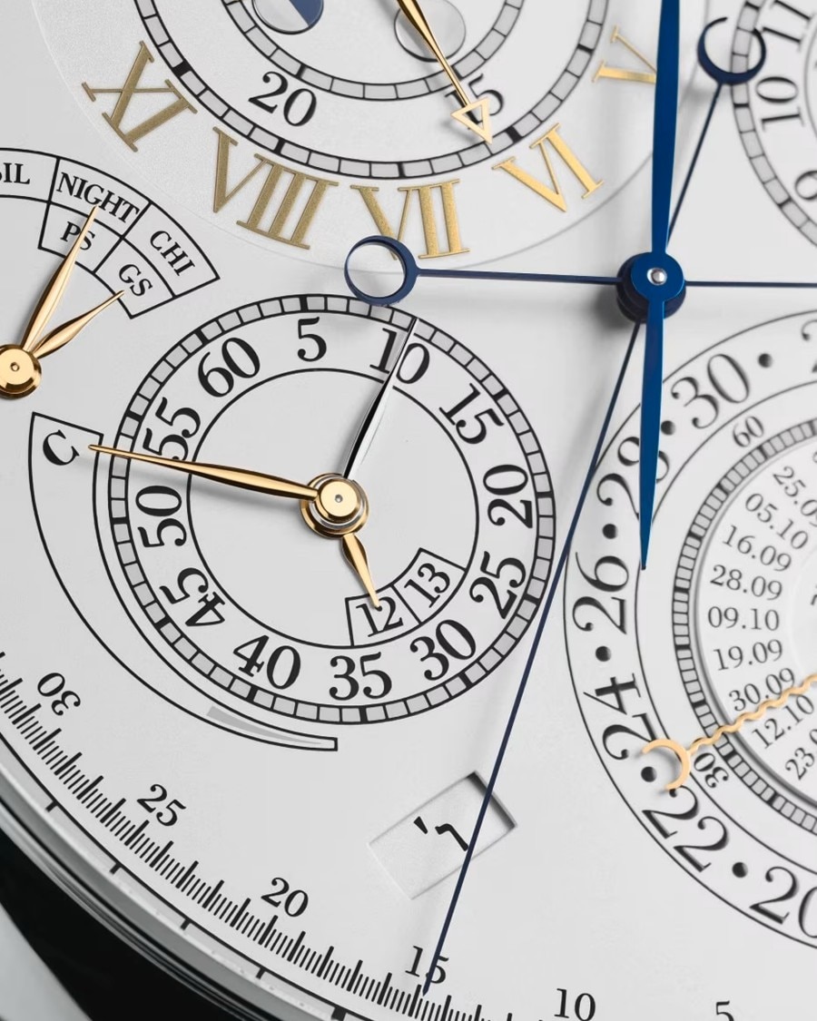 Close-up of a complex watch dial with multiple hands and subdials.
