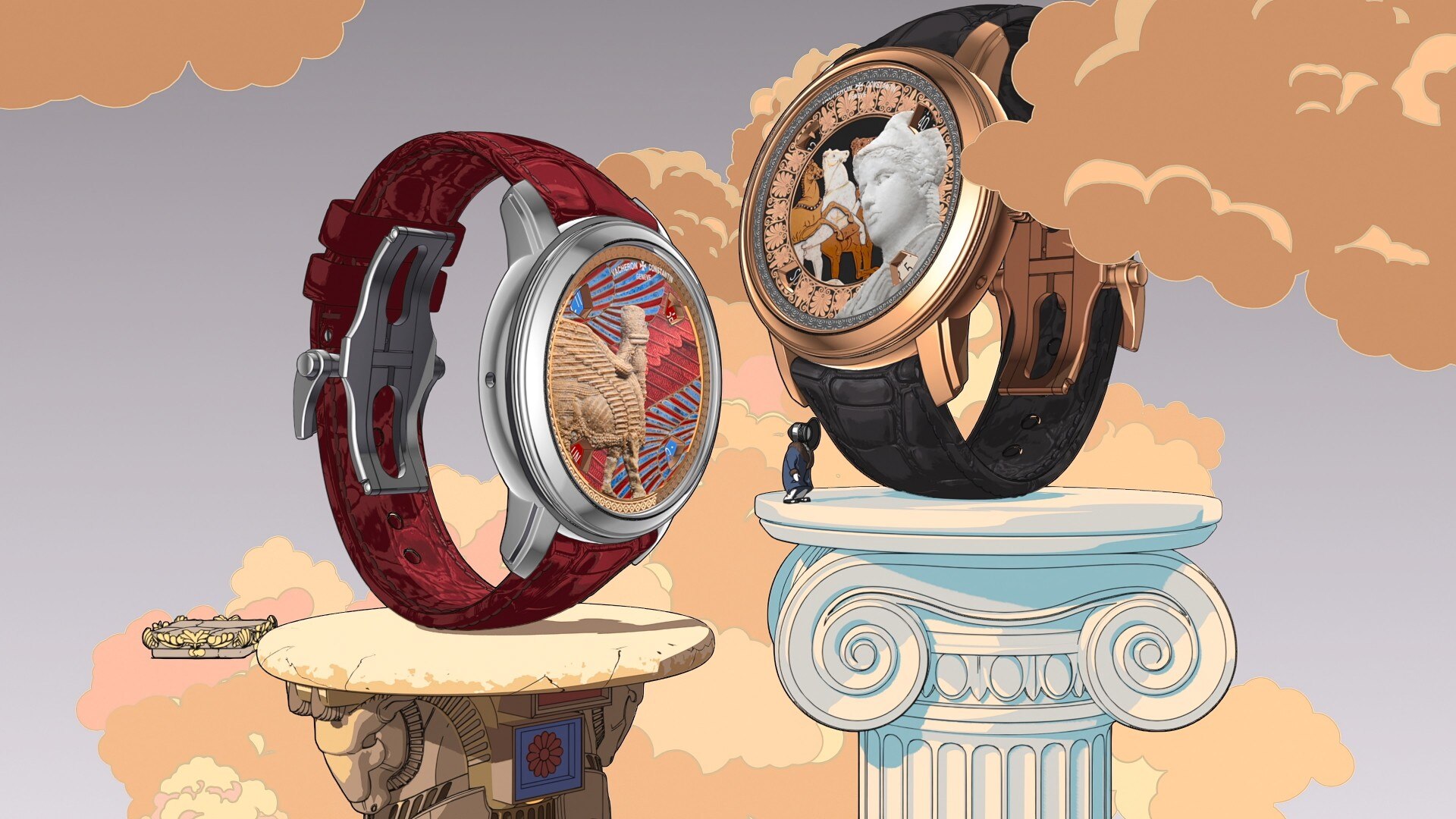 Two Vacheron Constantin watches placed on pillars representing Tribute to Great Civilisations.