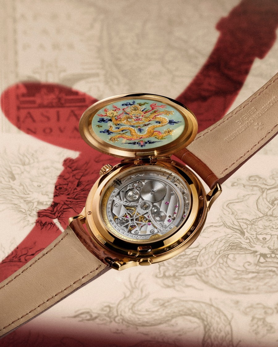 Yellow gold watch with a dragon enamel dial