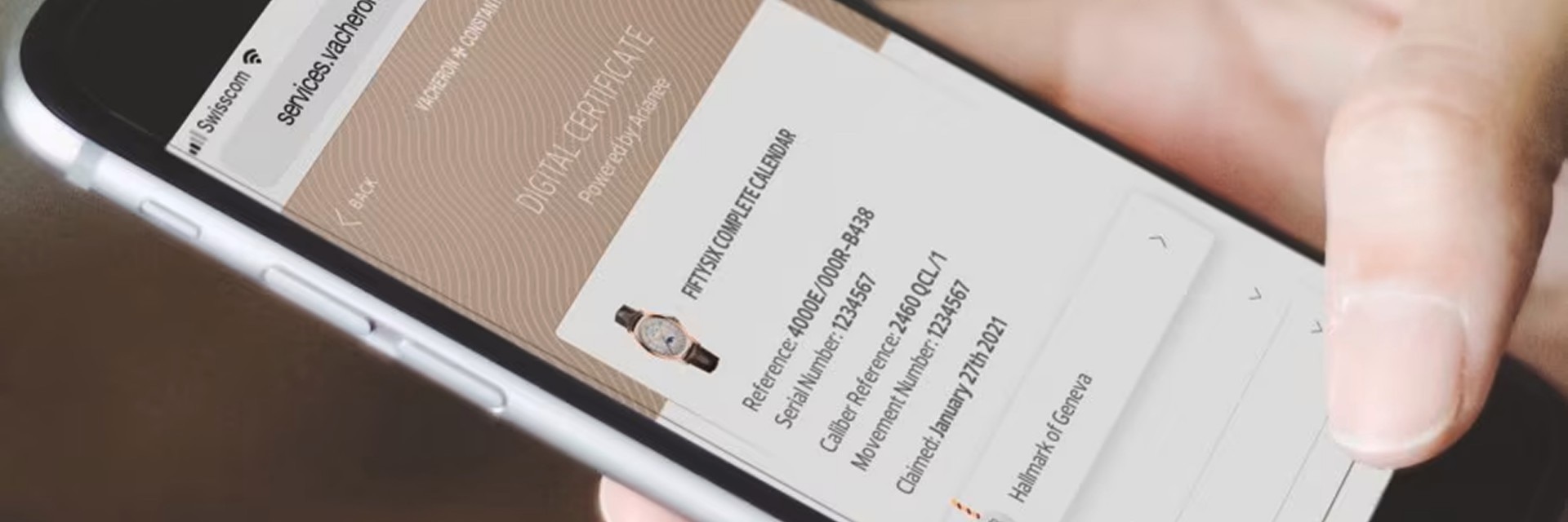 A hand scrolling the services page and digital certificates on the mobile phone 