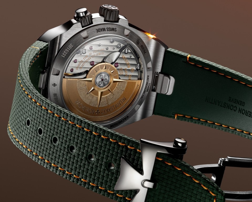 View of a an Overseas dual time Cardinal Points watch showing the movement.