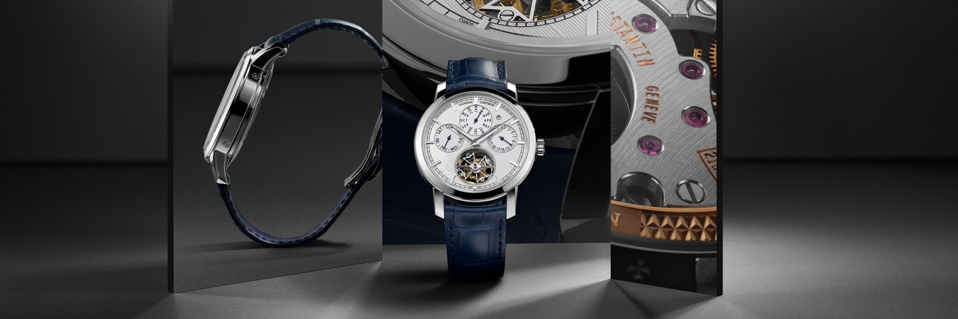 A luxury watch with a tourbillon, showcased alongside close-up details of it's dial, movement, and side profile in a stylish composition.