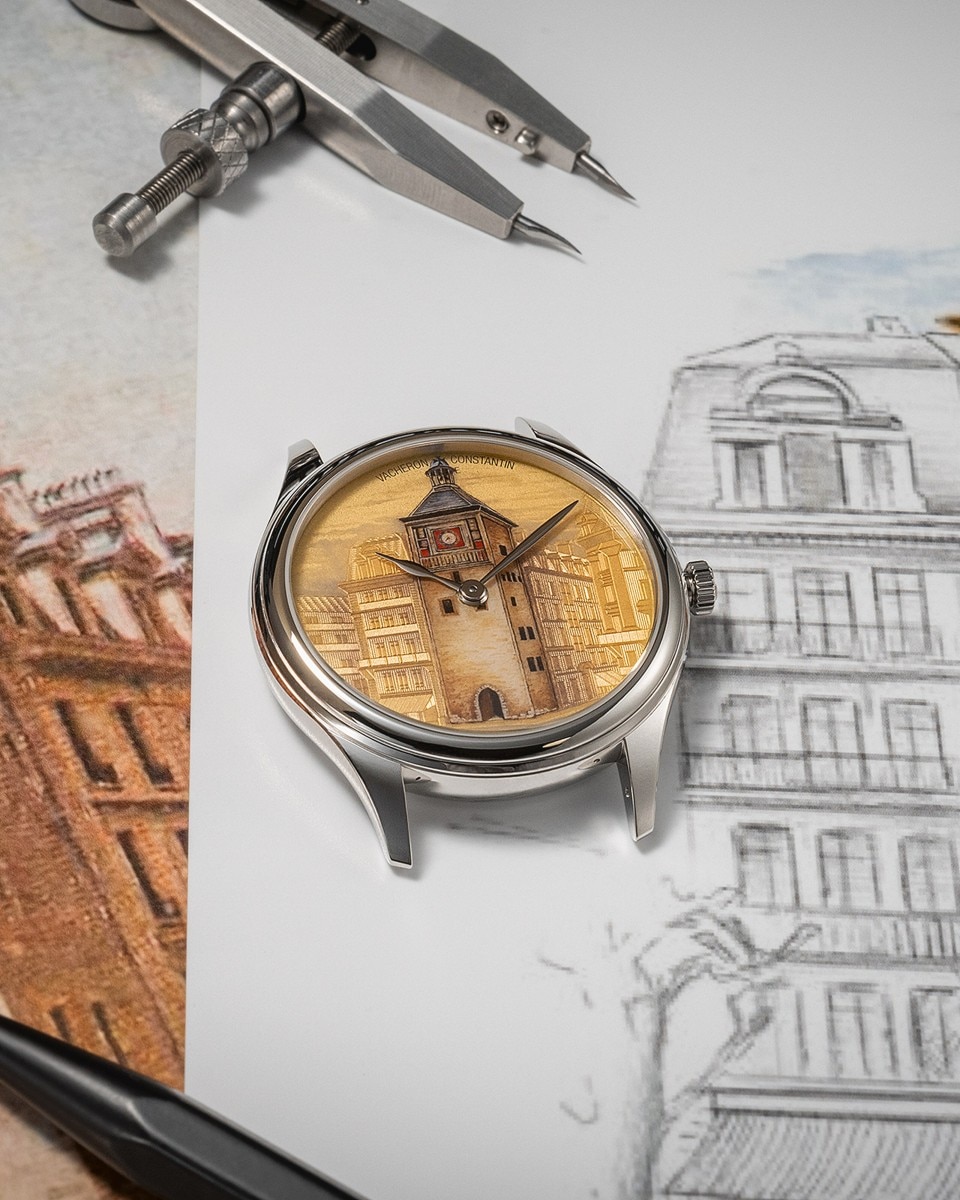 Watch design process featuring sketches, a painting, and an enamel-dial timepiece.